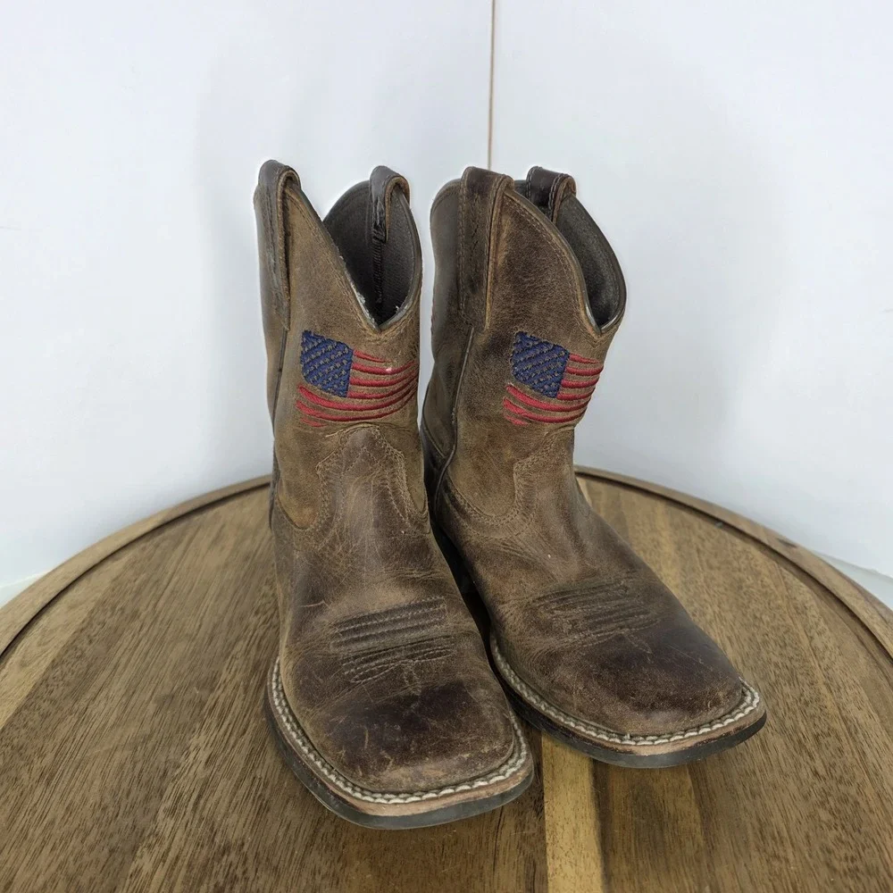 Ariat Youth Sz 12 American Pride Western Boots Square Toe Brown Leather Flag